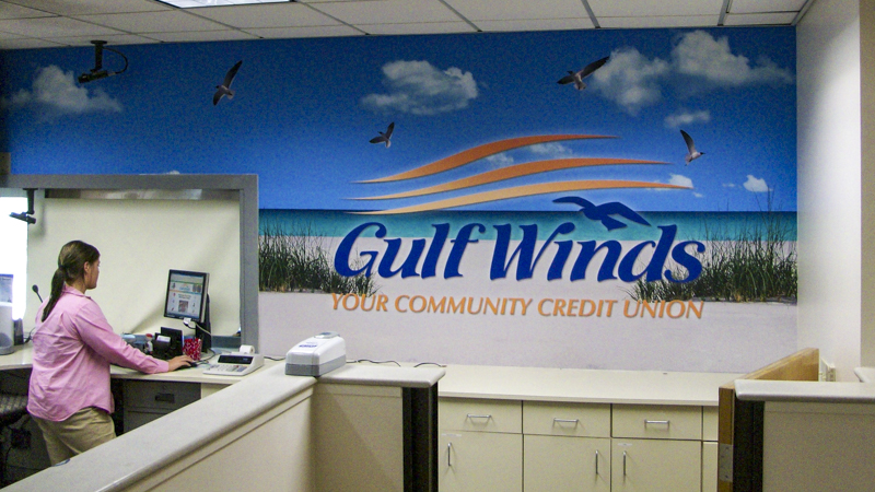 Gulf Winds Federal Credit Union teller wall wrap - Pensacola Sign Environmental Graphics 