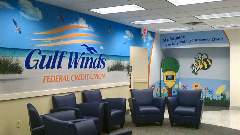 Gulf Winds Federal Credit Union waiting area wall wrap - Pensacola Sign Environmental Graphics 