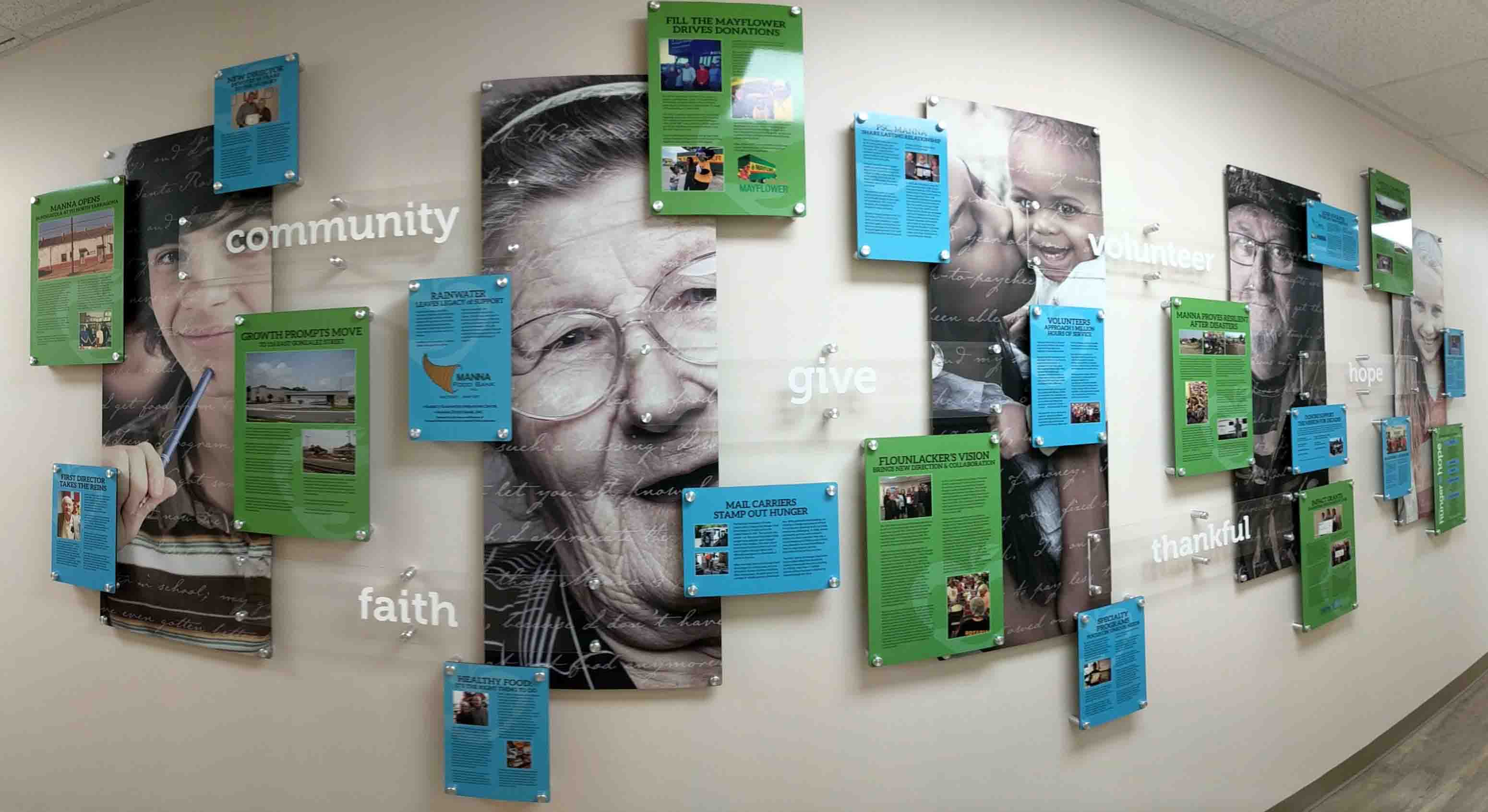 <alt="Donor wall at Manna Food Bank">