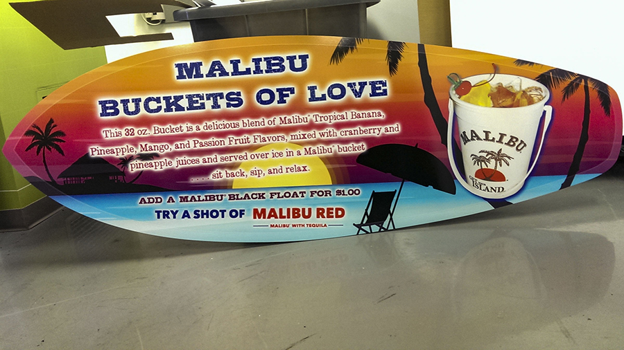 Custom Display for Malibu Rum's "Buckets of Love" Vinyl Wrapped Skimboards Point of Purchase Store Displays (POP Display) by Pensacola Sign 